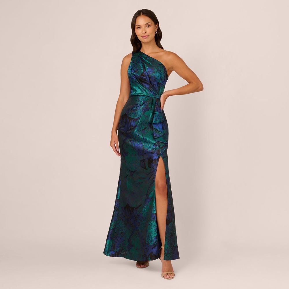 Adrianna Papell One Shoulder Jacquard Mermaid Gown With Drape Detail In Cobalt T